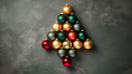 Wall Mural - top view of Christmas tree shape made of red, green, and gold Christmas balls on a gray background, minimalistic