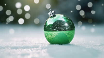 Wall Mural - a close up of green Christmas tree ornament on the snowy background