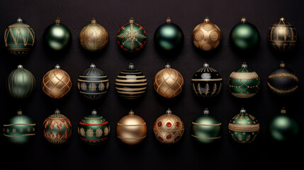 Wall Mural - a collection of vintage christmas tree ball ornaments on a dark background