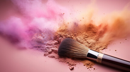 Wall Mural - Make-up brush with pink and colorful powder background with copyspace