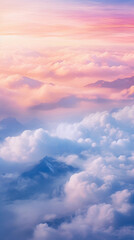  Cloudscape over mountain peaks at dawn. Clouds in pink and blue shades.