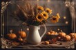 Festive autumn decor Frame from pumpkins, flowers and fall leaves. Concept of Thanksgiving day or Halloween Design. Wedding or Flowers Frame Background.