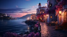 Mediterranean Coastal Town With Ocean View, Wanderlust And Sunset Sky