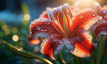 Morning Dew On Lily Flower. Lily Flowers With Water Drops At Sun Day.