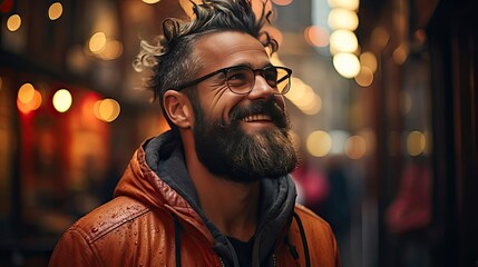 Wall Mural - Close up portrait of happy smiling bearded hipster man with eyeglasses and looking confident at the camera. Model portrait illustration. Generative AI