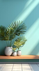 Wall Mural - Empty palm shadow blue color texture pattern cement wall background. Used for presentation business nature organic cosmetic products for sale shop online. Background with shadow. Generative AI