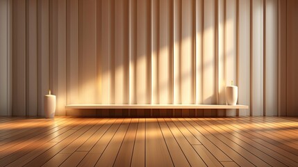 Wall Mural - Vertical blank warm lighting background. White and Wooden surface. Light and Shadow wallpaper. Background with shadow. Generative AI