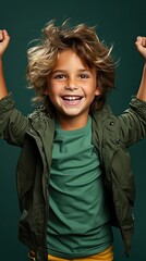 Wall Mural - Full body little small fun happy boy 6-7 years old wearing green t-shirt do winner gesture clench fist on background studio portrait. People portrait illustration. Generative AI