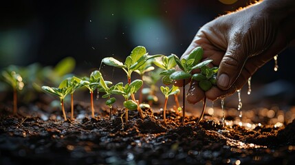 Seedlings are growing in the nursery bag. As the hands of the old woman and the hands of the young man are about to be planted in the fertile soil. Agriculture plants illustration. Generative AI