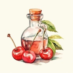 Wall Mural - Still life with branch cherry, fruit and glass bottle, digital artwork on white. Detailed hand drawn cherries watercolor illustration, vintage style for package, cutout.