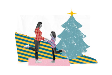 Sticker - Composite collage picture image of mother daughter sisters hold hands celebrate play together happy christmas new year x-mas congratulation