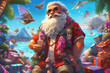 Funny happy Santa Claus on a sea island, Christmas vacation concept. Generative Ai