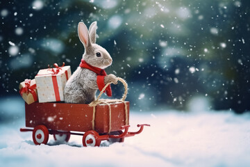 Sticker - Christmas greeting postcard with rabbit on sleigh. Generative Ai