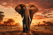 The Close Up Photo Of The Majestic African Elephant Under The Sunset Sky At The Savannah Field. Generative AI.