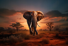 The Close Up Photo Of The Majestic African Elephant Under The Sunset Sky At The Savannah Field. Generative AI.