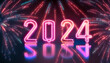 Neon inscription 2024. Colorful fireworks in the background. New Year's Eve, New Year's Eve. 90s style

