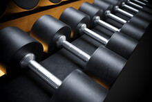 A Row Of Shiny Gym Dumbbells Lined Up Neatly On A Rack, Ready For A Workout.