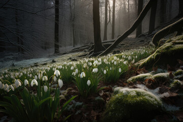 Wall Mural - Snowdrops in the forest - Generative AI 