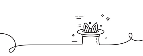 Poster - Hat-trick line icon. Continuous one line with curl. Magic tricks with hat and rabbit sign. Illusionist show symbol. Hat-trick single outline ribbon. Loop curve pattern. Vector