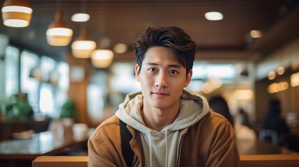 Poster - Cafe concept, young Chinese man in cafe, handsome Asian young man
