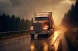Truck drives in sunny and rainy weather. Generative AI