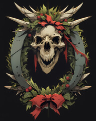 Wall Mural - Christmas wreath made of fir branches, decorated with a hardrock skull and crossbones with a red ribbon.