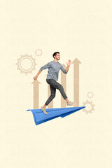 Aufkleber - Magazine collage image of funky cheerful guy flying air paper plane isolated on drawing beige color background