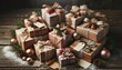 Captivating photograph showcasing elegantly wrapped Christmas gifts, meticulously stacked with a variety of ribbons and tags. The scene unfolds on a rustic wooden surface dotted with pine needles and 