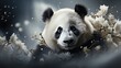  a panda bear with black and white fur and a bunch of white flowers in front of a dark background with a black and white image of a panda bear with blue eyes.  generative ai