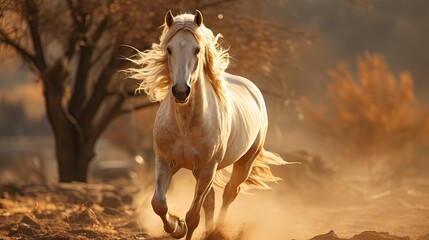 Poster -  a white horse running in the dirt with a tree in the backgrouund and dust in the frontgrouund of the backgrouund of the picture.  generative ai