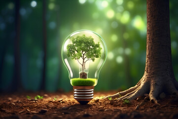 a tree growing inside of a bulb, savings concept, plants energy