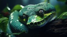 A Close Up Of A Green Snake On A Tree Branch With Leaves On It's Sides And Its Head Resting On A Branch With Leaves On It's Sides.  Generative Ai