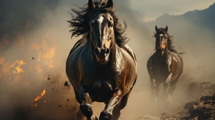 Poster -  a group of horses running through a dirt field with mountains in the backgrouds in the background and a sky filled with clouds in the backgroud.  generative ai