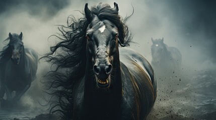 Poster -  a group of horses running through a foggy field with their hair blowing in the wind in the foreground is a black horse with a white spot in the foreground.  generative ai