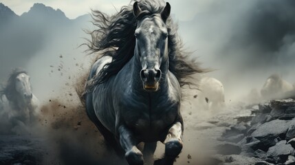 Poster -  a painting of a horse running through a rocky area with other horses in the background and smoke coming out of the back of the horse's rear end of it's body.  generative ai