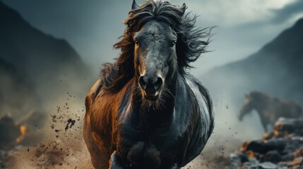 Poster -  a brown and black horse running through a rocky area with mountains in the background and dark clouds in the sky over the top of the horse is a black horse.  generative ai