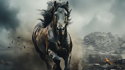 Poster -  a horse running through a rocky area with a lot of debris in the foreground and a sky filled with dark clouds in the background with smoke and smog.  generative ai