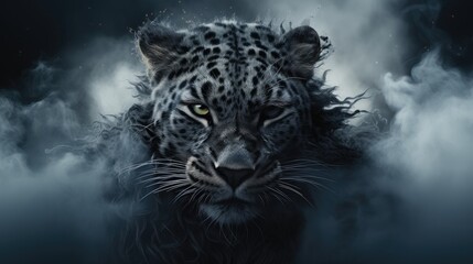 Poster -  a black and white photo of a leopard with yellow eyes and a black background with clouds of smoke and a black and white photo of a black leopard with yellow eyes.  generative ai