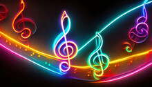 Multicolored Neon Glowing Treble Clefs Abstract Luminous Background With Empty Space For Text Or Product