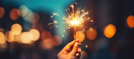 A close-up of a Bengal light on a urban blurred background. Celebration of the new year and Christmas. Party accessory