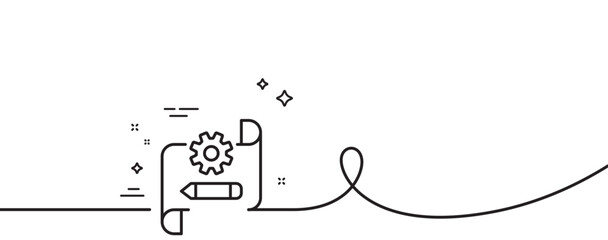 Aufkleber - Cogwheel blueprint line icon. Continuous one line with curl. Engineering tool sign. Edit settings symbol. Cogwheel blueprint single outline ribbon. Loop curve pattern. Vector