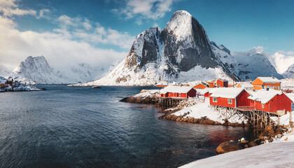 Wall Mural - panormic winter view of popular tourist destination lofoten islands red houses on the shore of norwegian sea sunny winter view of sakrisoy fishing village landscape photography