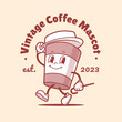 Charming coffee mascot in retro cartoon style, exuding warmth and nostalgia, perfect for a cozy cafe or coffee brand.Vector illustration