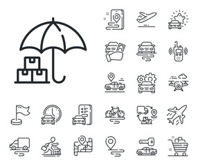 Poster - Package insurance sign. Plane, supply chain and place location outline icons. Delivery service line icon. Tracking parcel symbol. Delivery service line sign. Taxi transport, rent a bike icon. Vector