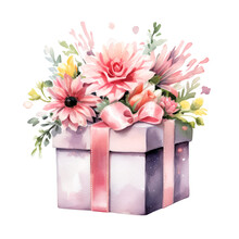 Gift Box With Pink Flowers And Leaves With Bow Watercolor Clipart Isolated On Transparent Background