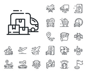 Poster - Home moving sign. Plane, supply chain and place location outline icons. Delivery truck line icon. Things transportation symbol. Delivery truck line sign. Taxi transport, rent a bike icon. Vector
