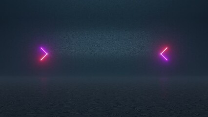 Poster - 4K 3D Animated glowing neon arrow direction sign on reflecting dark floor background. Futuristic glowing neon arrow blinking. Loop neon lines gradient arrows, showing forward direction. Empty stage