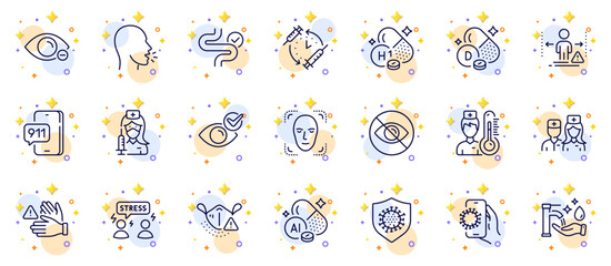 Wall Mural - Outline set of Difficult stress, Covid app and Digestion line icons for web app. Include Dont touch, Not looking, Vaccination pictogram icons. Emergency call, Washing hands, Myopia signs. Vector