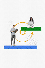 Aufkleber - Magazine collage sketch of successful hardworking people sharing sms news modern technology isolated on drawing beige color background