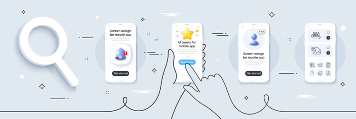 New mail, Overeating pills and Food delivery line icons pack. Phone screen mockup with 3d star, alert and chat message. Queue, Timer, Swipe up web icon. Vector